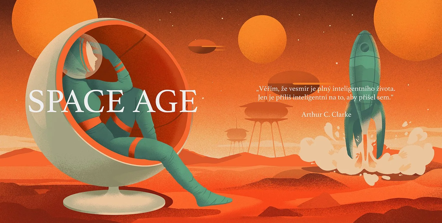 illustration of space age, woman in a space suit sitting in a 60s chair, watching a rocket ship take off