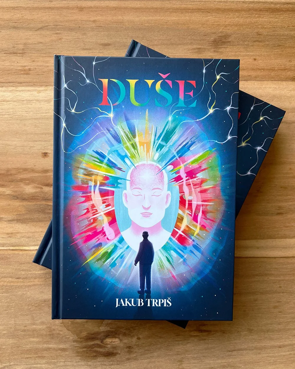 Photo of Book cover of Duše by Jakub Trpiš with a glowing figure and colorful cosmic light