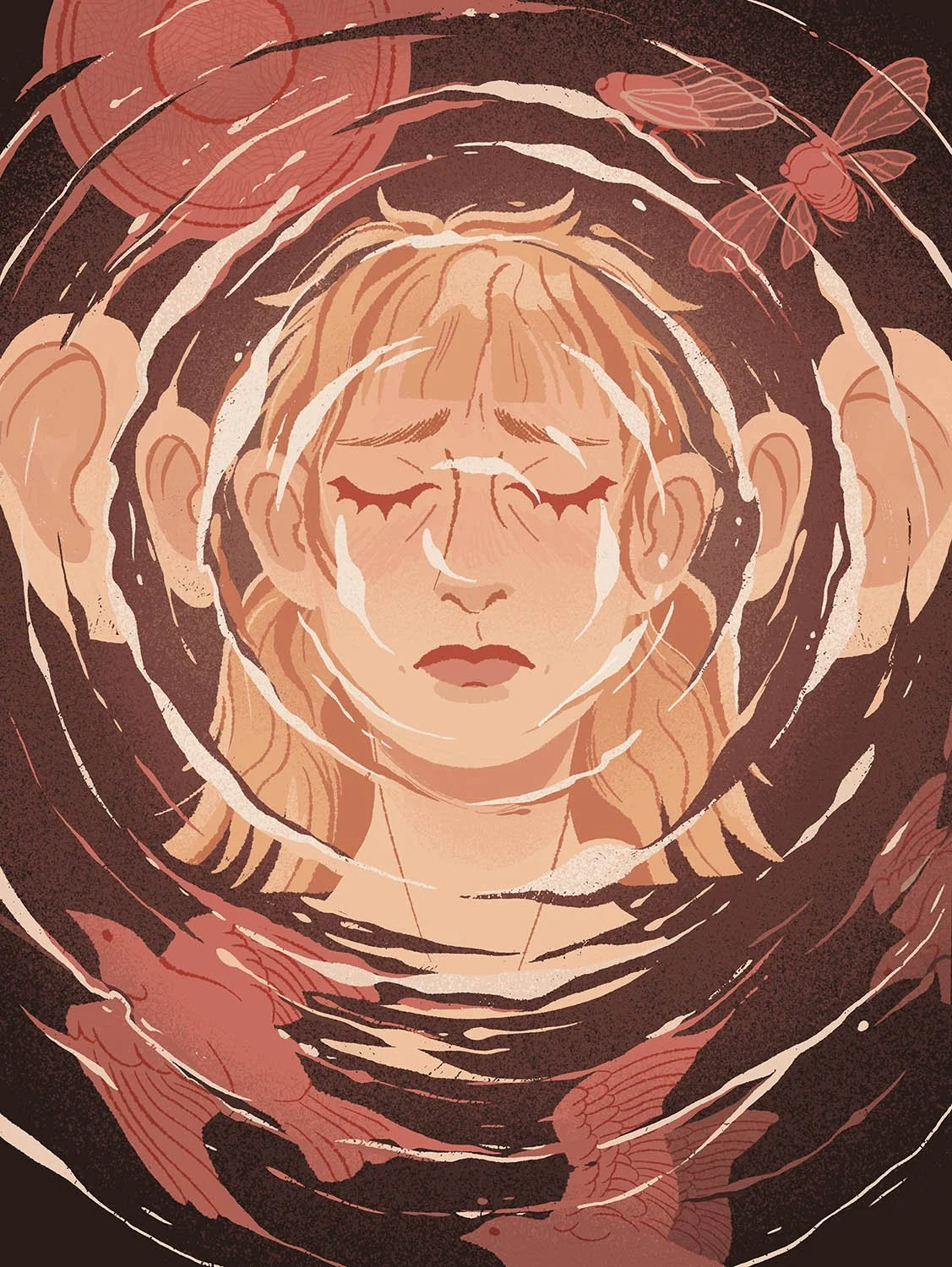 self portrait of a woman surrounded by ears symbolising tinnitus