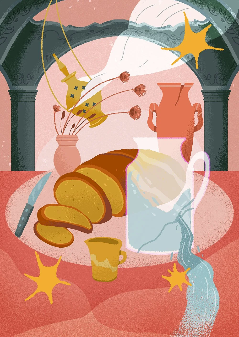 illustration of sliced bread and a vase with water, in the background are more vases and inscence