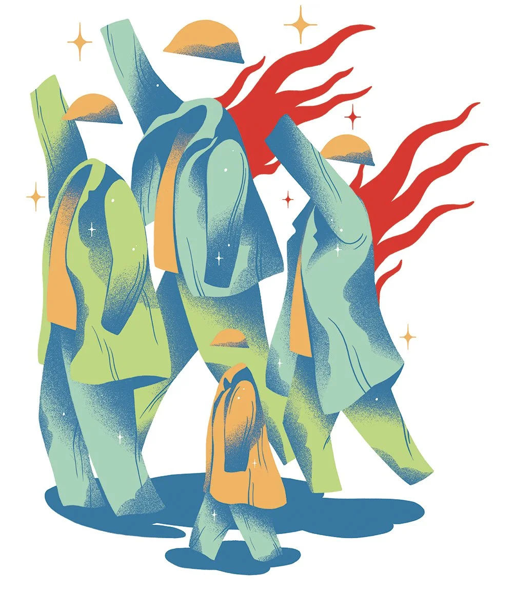 illustration of worker outfits in definat poses with fire
