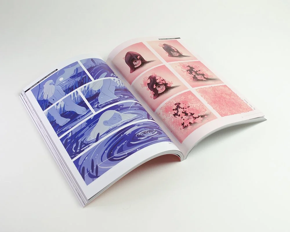 photo of a comic page of a woman entering a pond