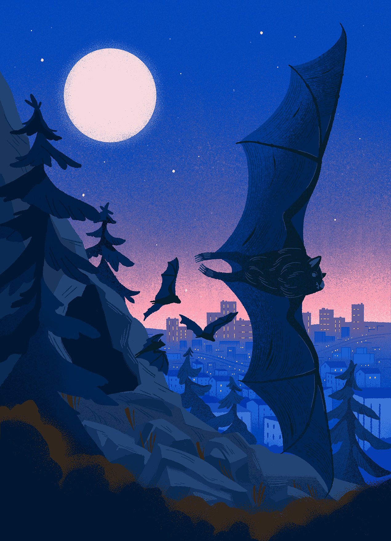 illustration of a bat flying out of a cave during twilight, in the background is a city