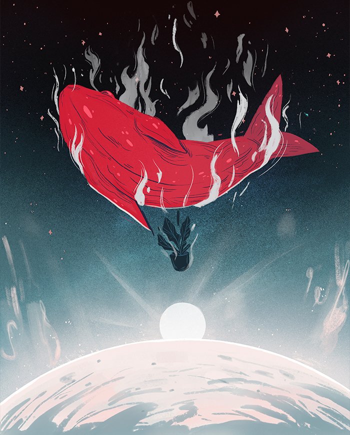 illustration of a whale falling down from space, reference to the hitchhikers guide to the galaxy