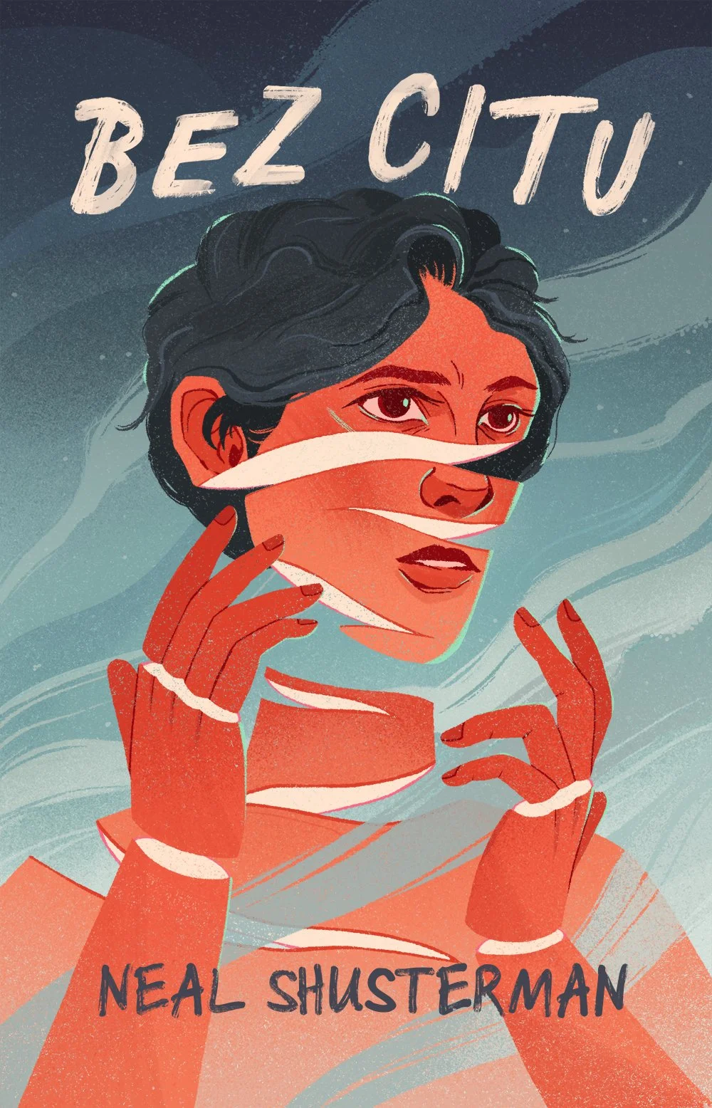 book cover of neal shusterman bez citu, featuring a boy with a sliced fragmented face