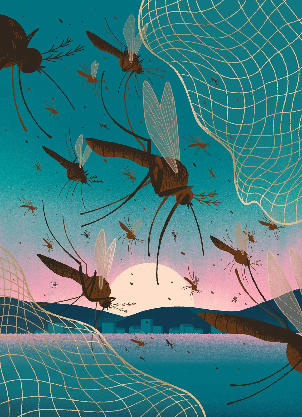 illustration of mosquitos flying above water