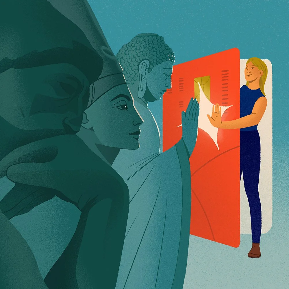 illustration of a woman high fiving budha