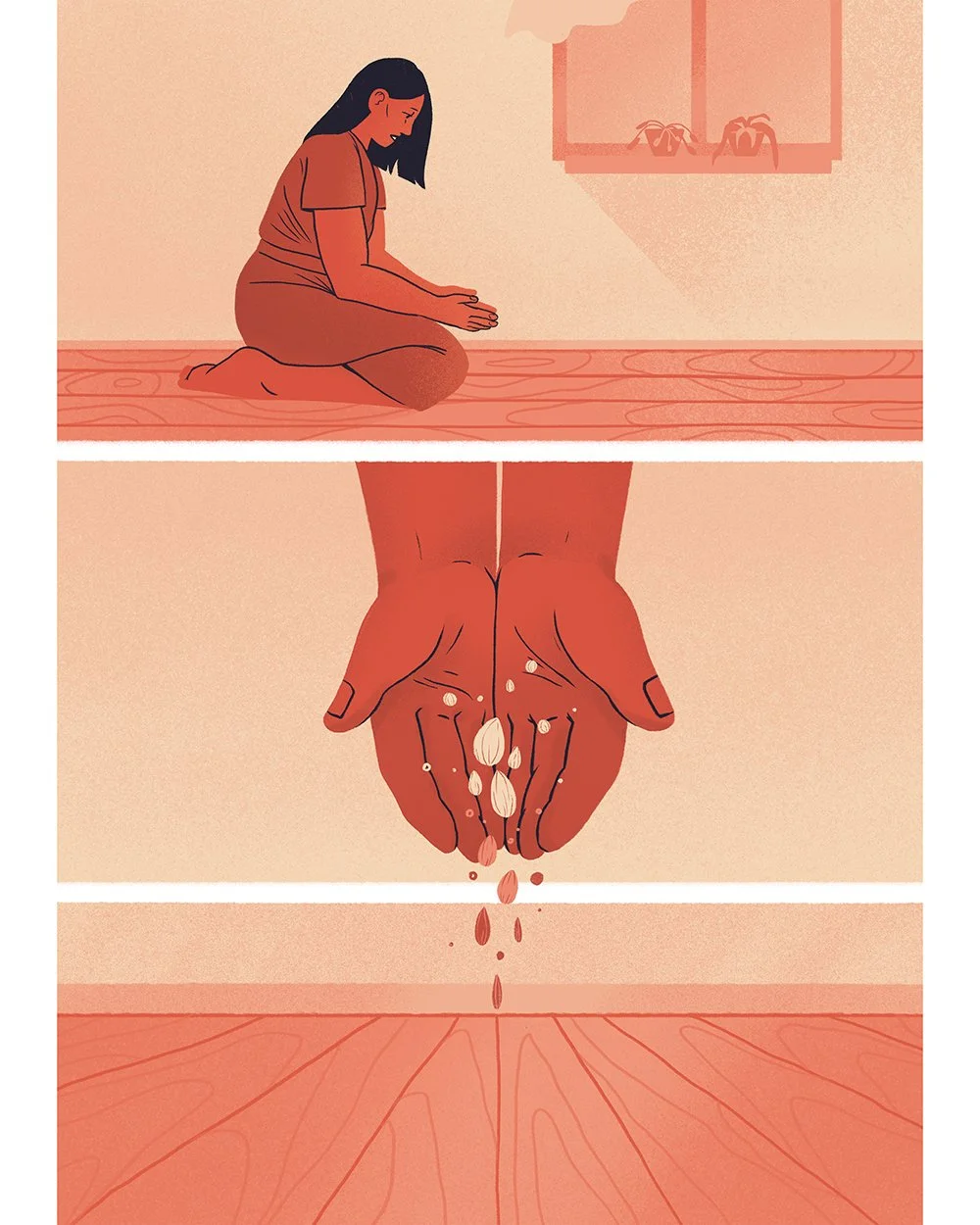 comic book page about mother nature, woman sitting down and planting seeds