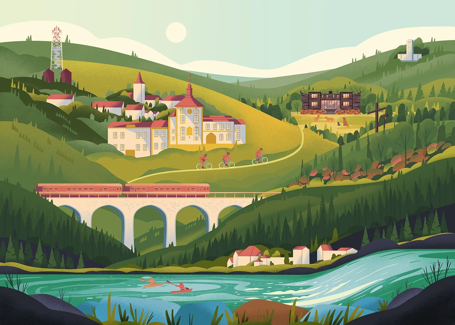landscape illustration featuring mountains and buildings