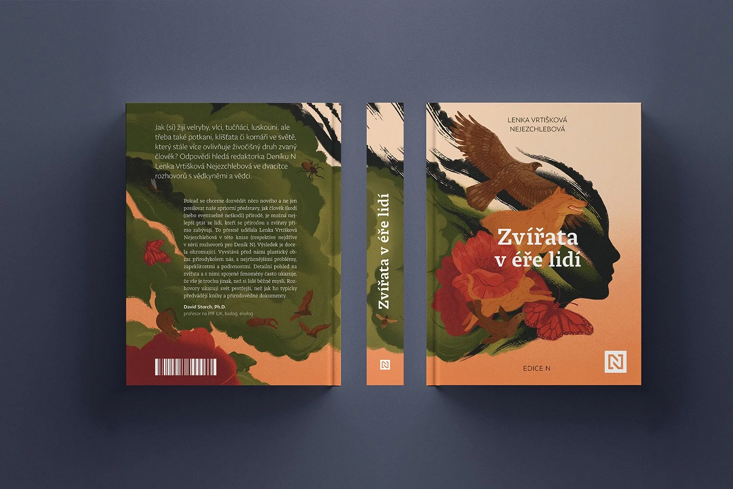 photo of book cover of zvířata v éře lidí, featuring a silhouette of a face with animals on top of it