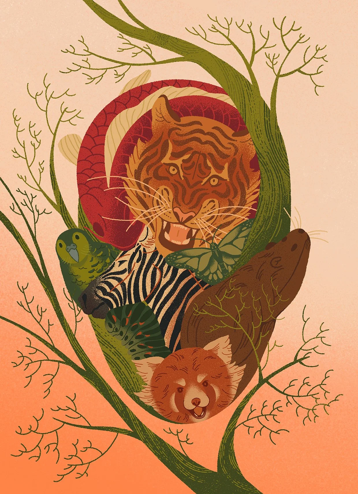 illustration of a silhouette of a face made out of animals and branches