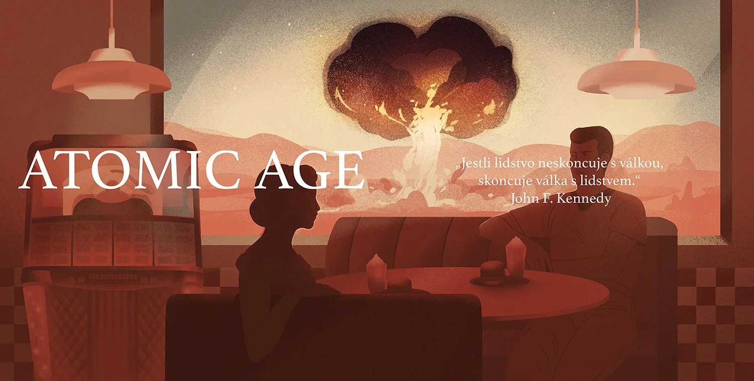 illustration of atomic explosion with a view from a 50s diner