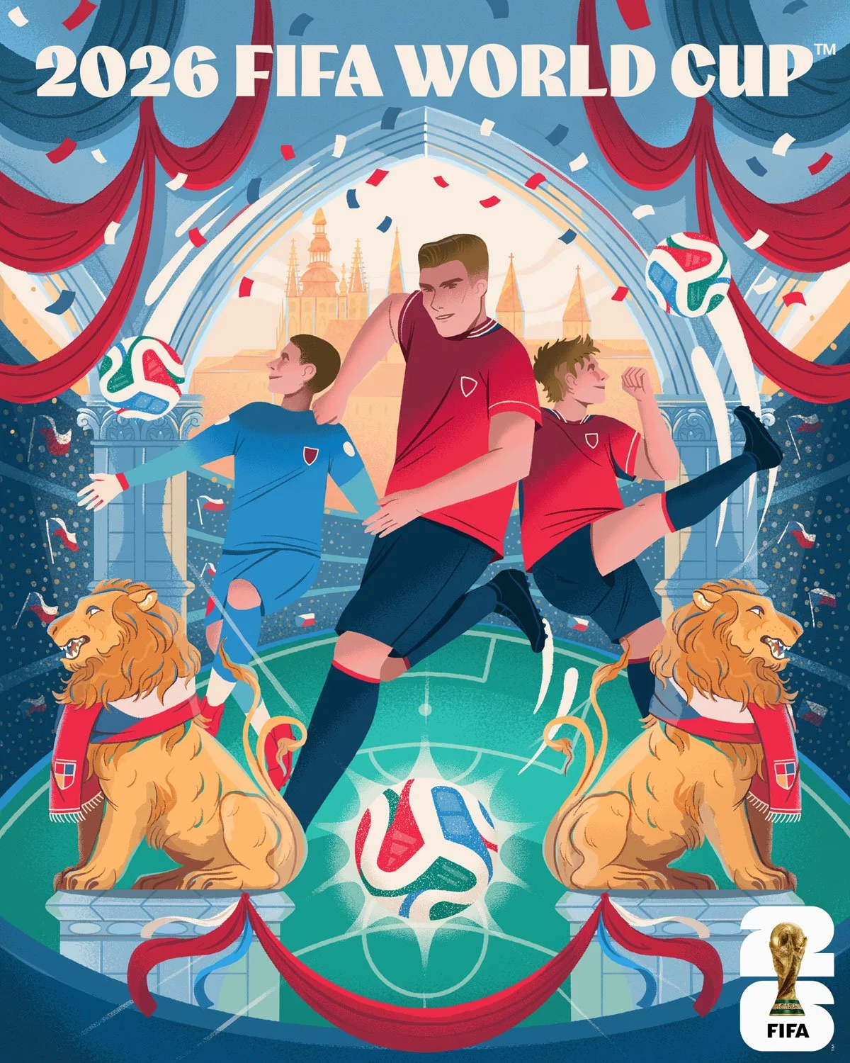 illustrated poster for FIFA world cup 2026 featuring czech football representation and lions