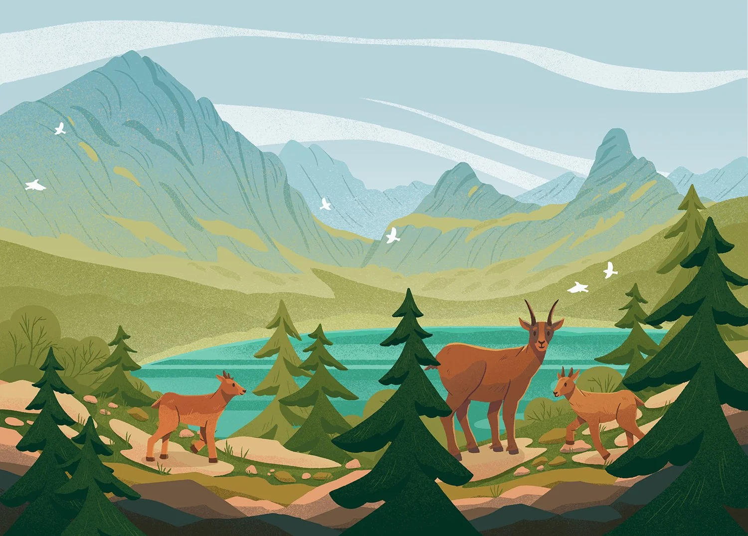 landscape illustration with mountains and a lake featuring animals