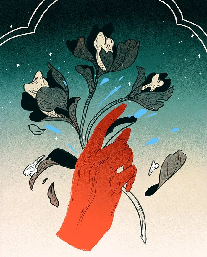 illustration of a hand holding a flower made out of teeth