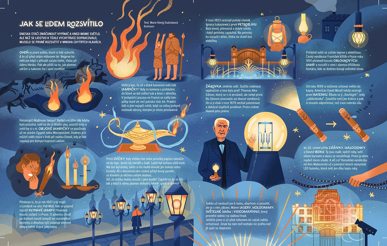 illustrated magazine page with light and fire and portraits