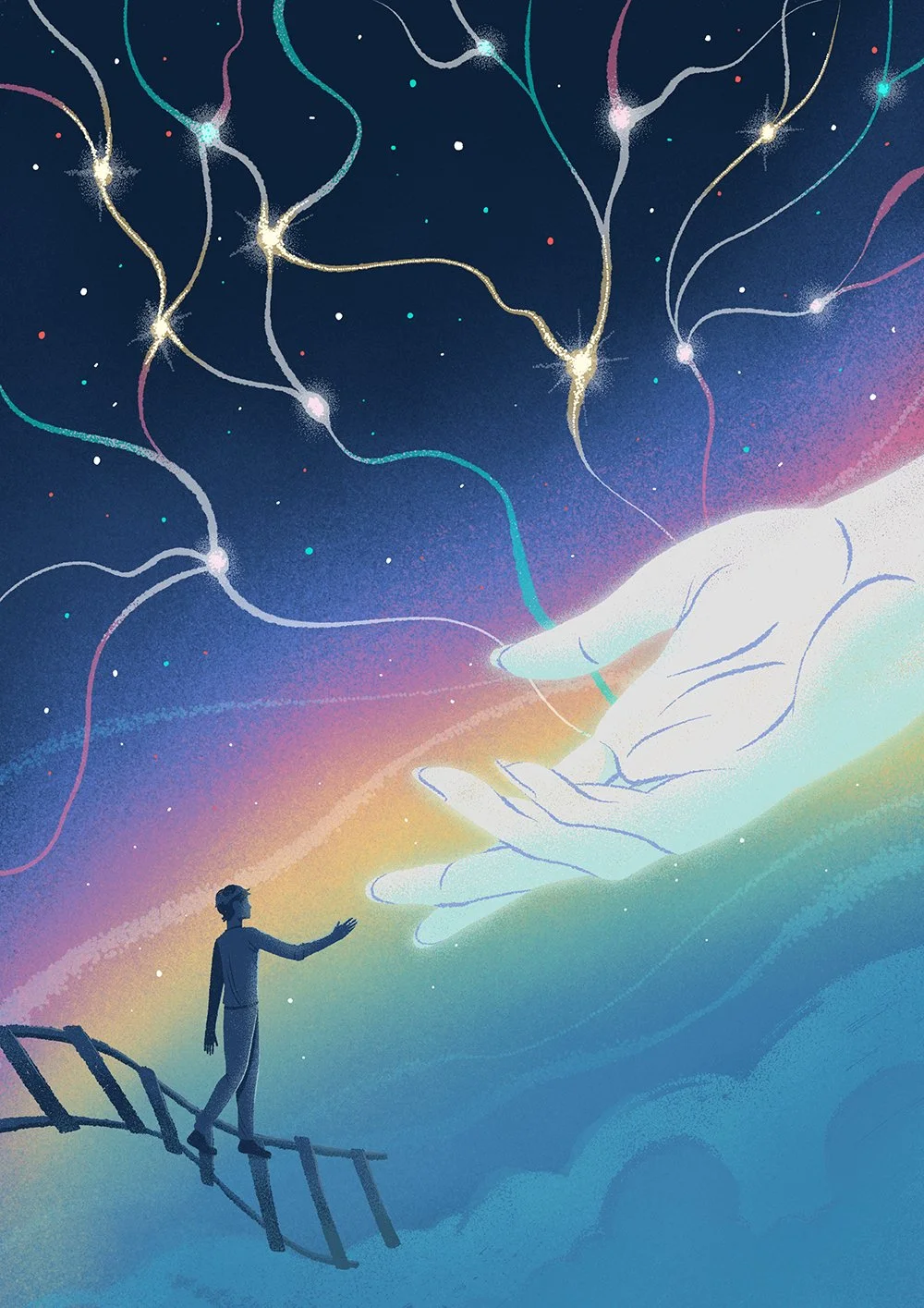 illustration of a cosmic sky with stars, hand reaching out to a person