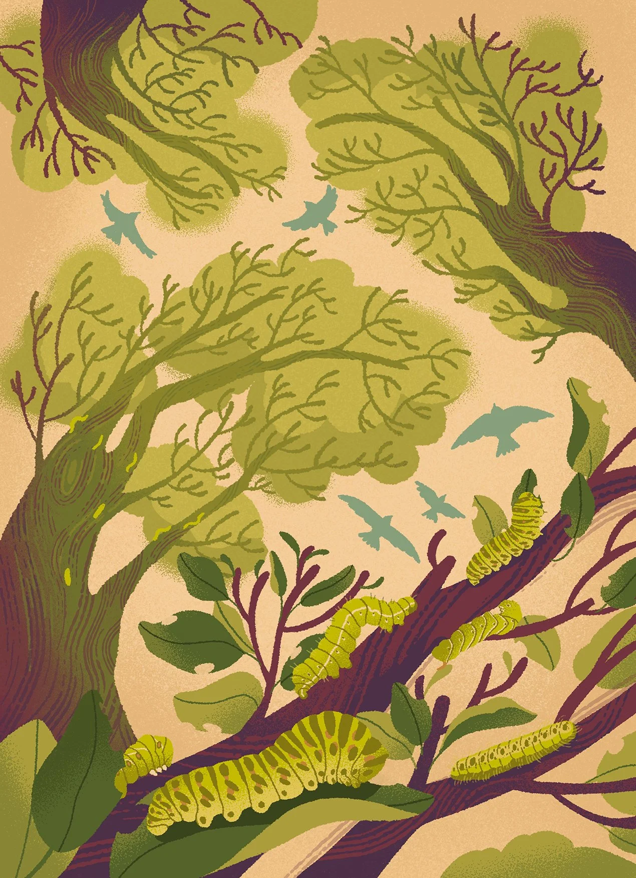 illustration of a forest with branches and bugs