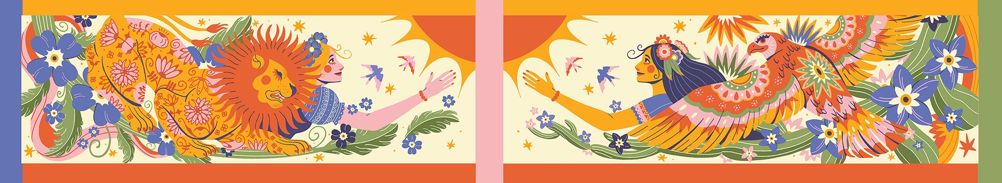 illustration of animals and women adorned in folk patterns and surrounded by flowers