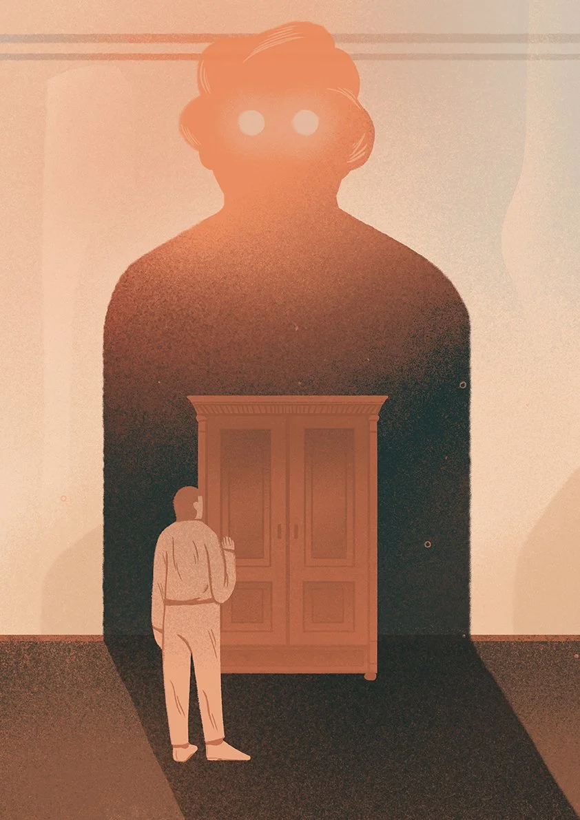 person opening a wardrobe that casts a shadow in the shape of an older woman