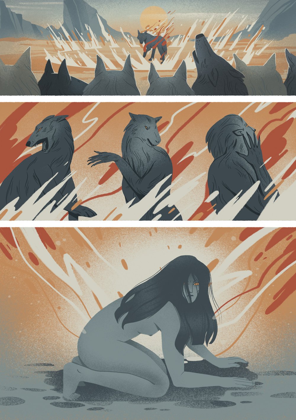 comic page of la loba featuring a magical transformation of a wolf into a woman