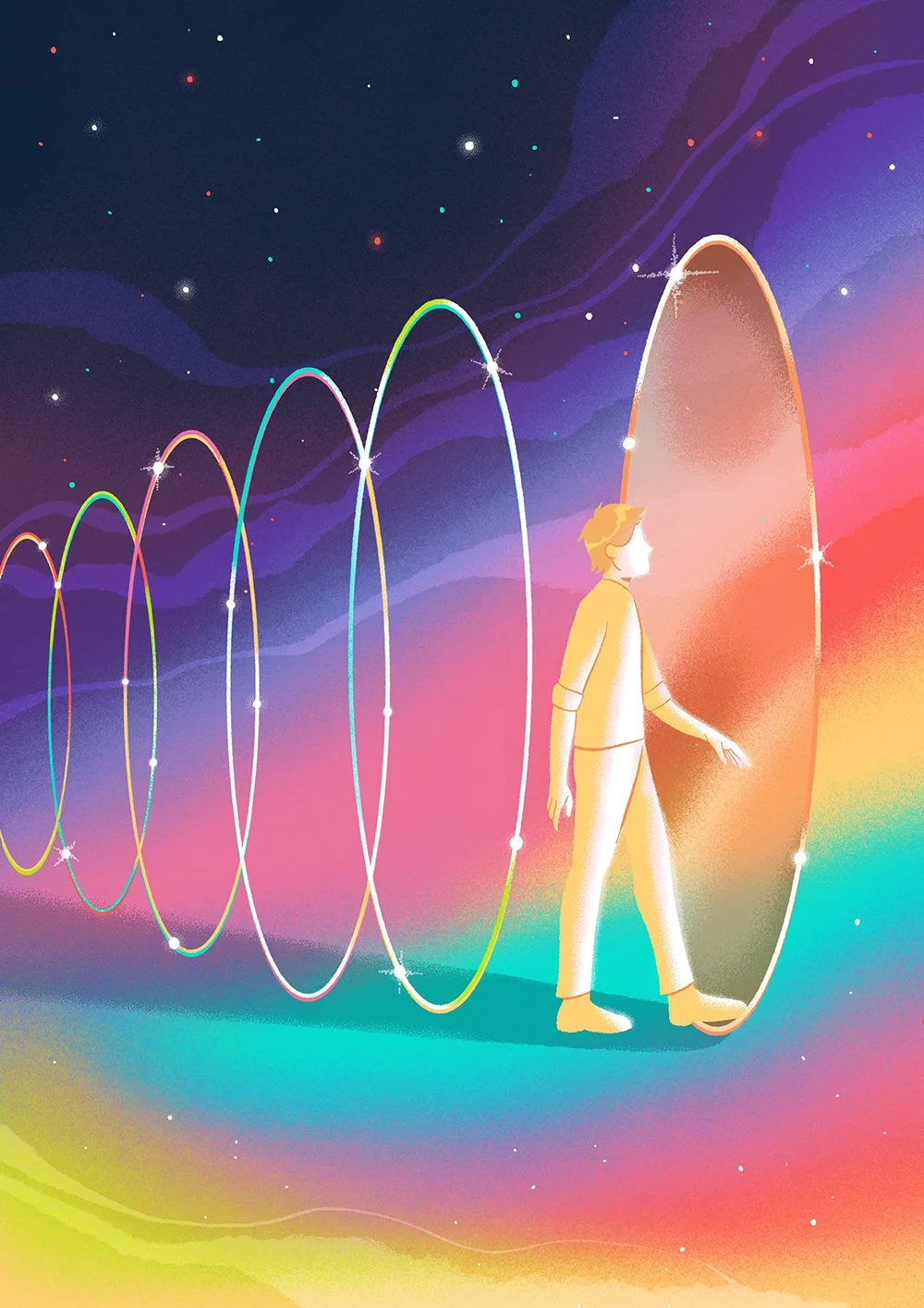 illustration of a person entering a portal in a cosmic landscape