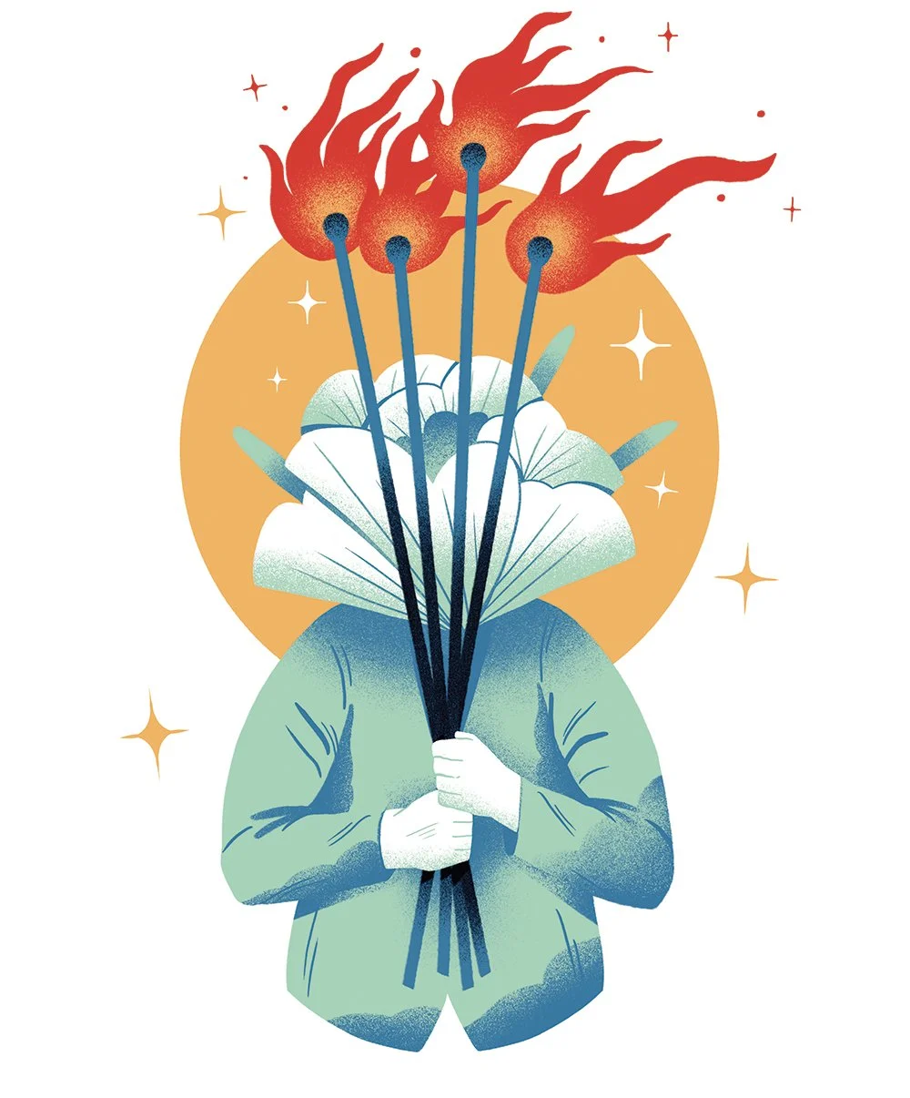 worker with a flower for his head, holding torches