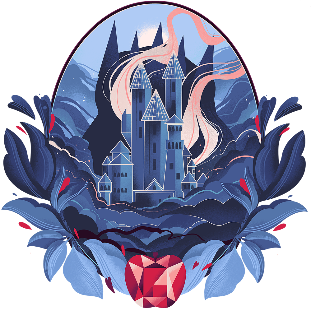 Ornate mirror featuring the Evil Queen from Snow White, with a detailed castle in front of her. Surrounded by decorative leaves and gemstones.