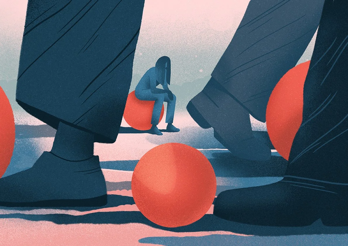 person sitting on a red ball surrounded by large feet
