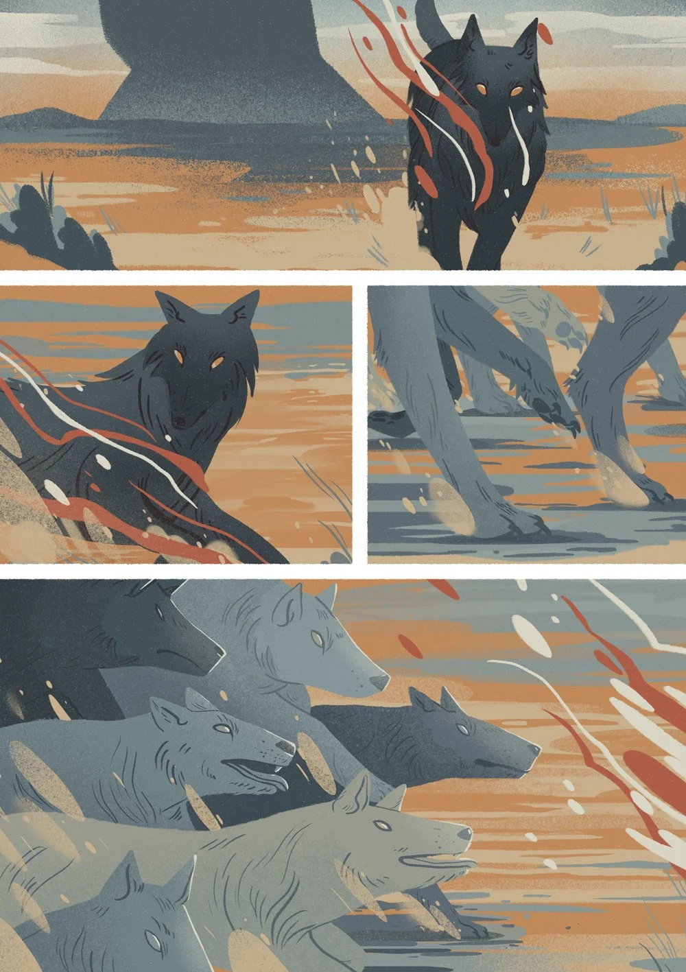 comic page of la loba featuring a wolf running away with more wolves joining it