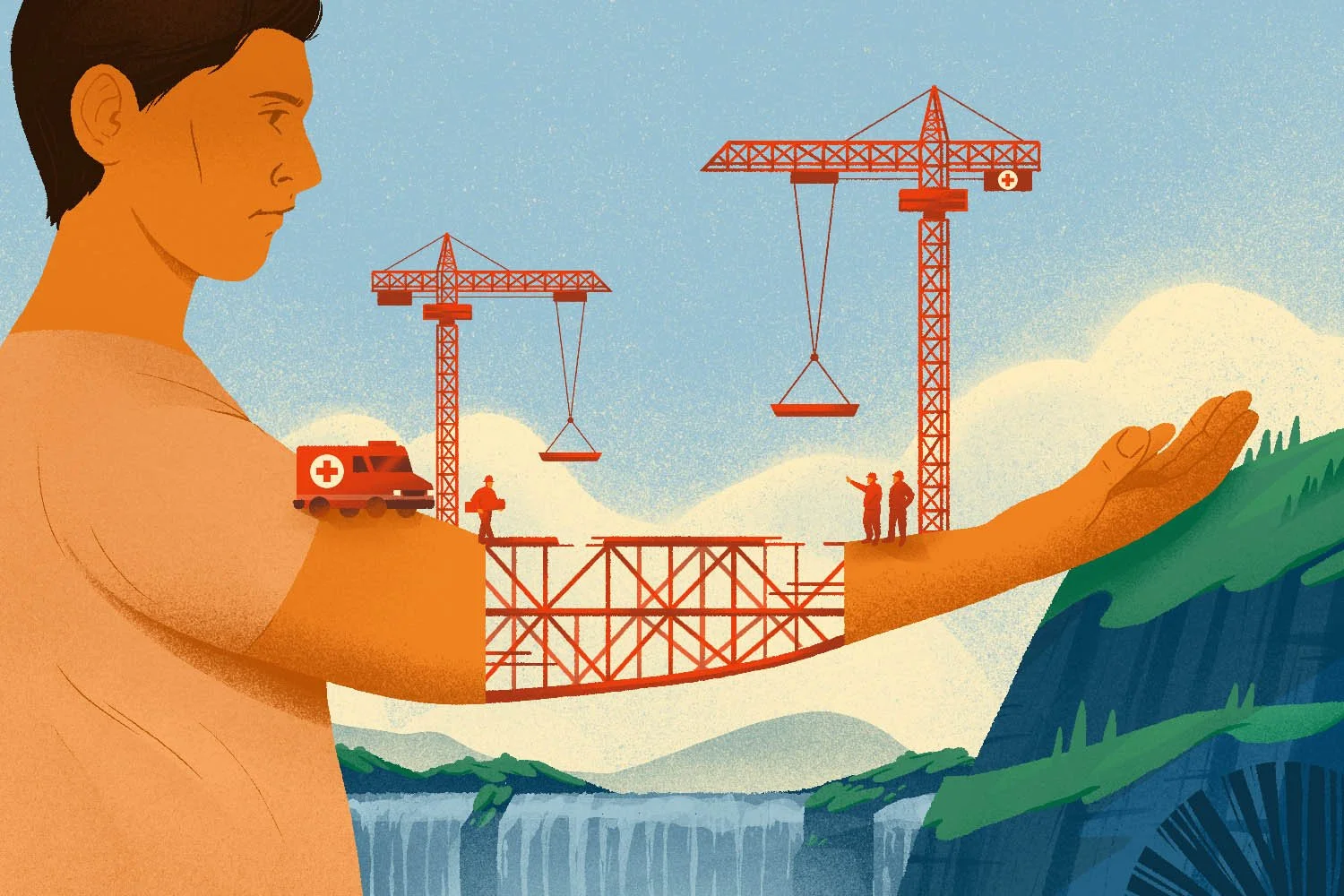 illustration of a person holding out their hand, but it's broken and being constructed in the middle by construction workers
