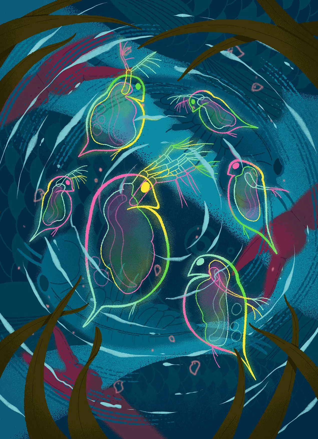 illustration of river microorganisms surrounded by seaweed
