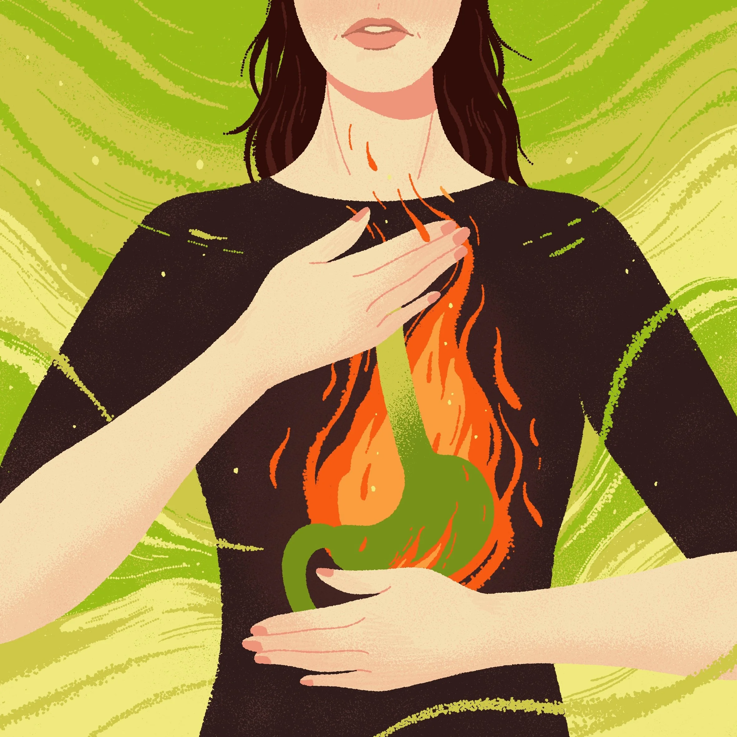illustration of a woman holding her stomach with heartburn