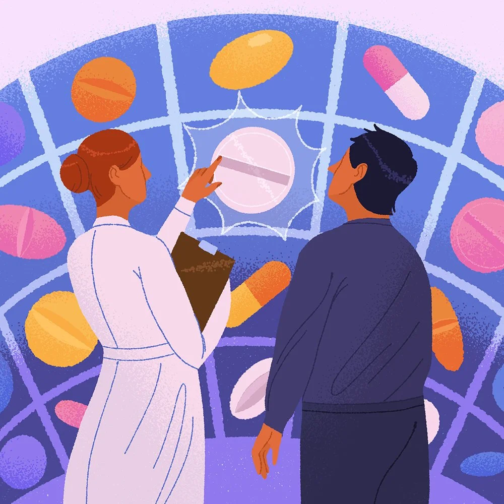 illustration of a pharmacist picking out pills for a customer