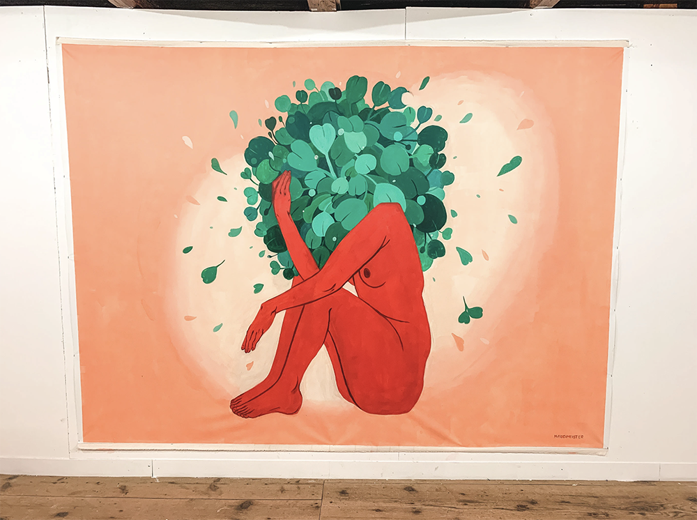 painting of mother nature sitting down, instead of her head there are flowers