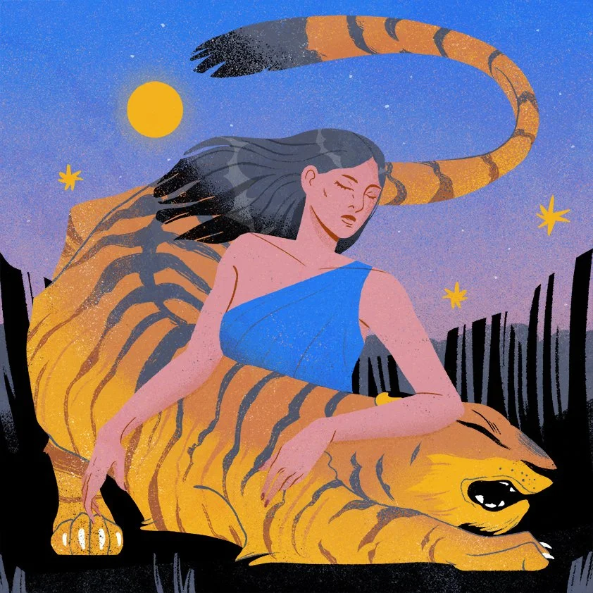 illustration of a woman caressing a tiger, during sunset and surrounded by tall grass