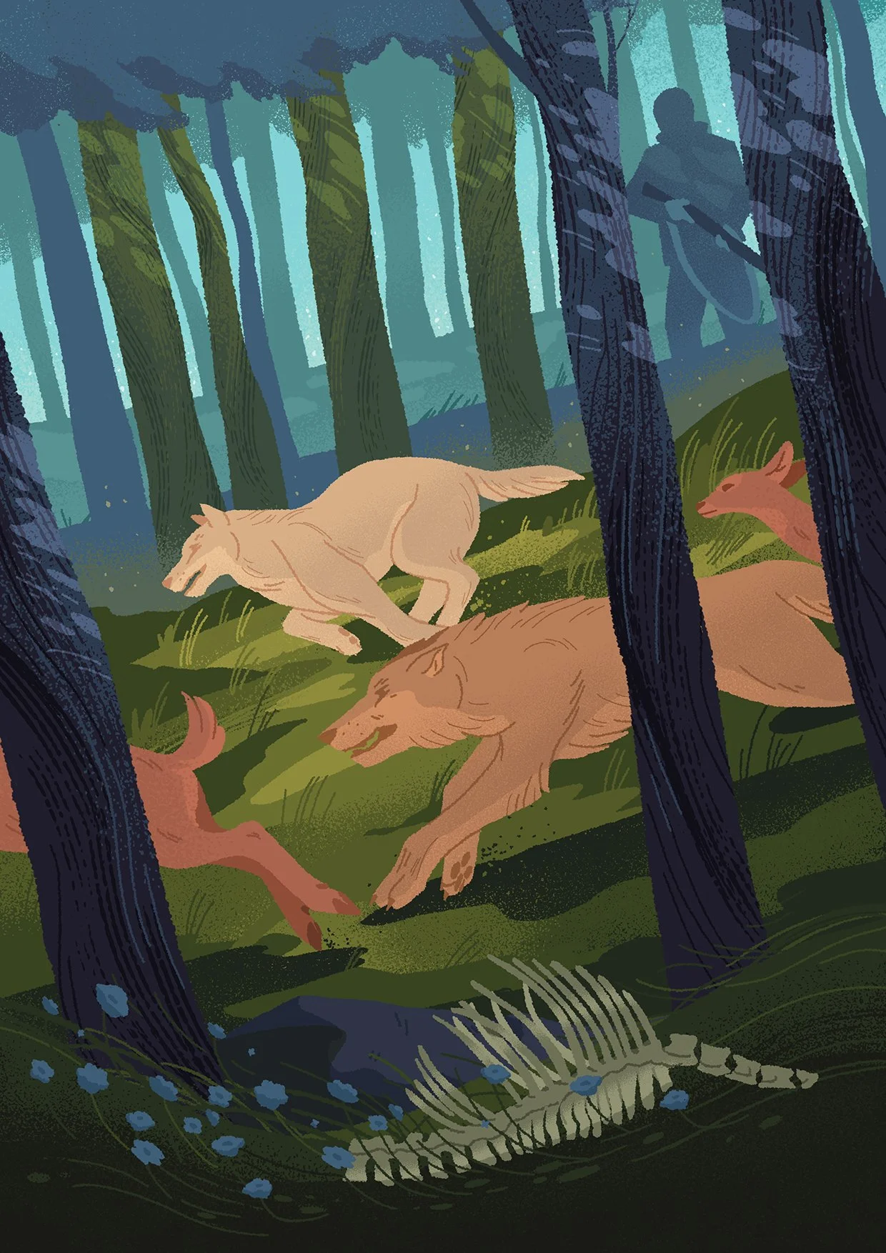 illustration of running wolves in a dark forest