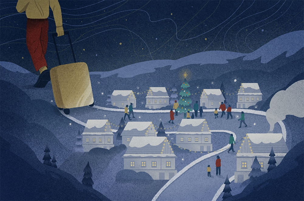 illustration of a christmas town in nature during the night, a person is leaving with a suitcase