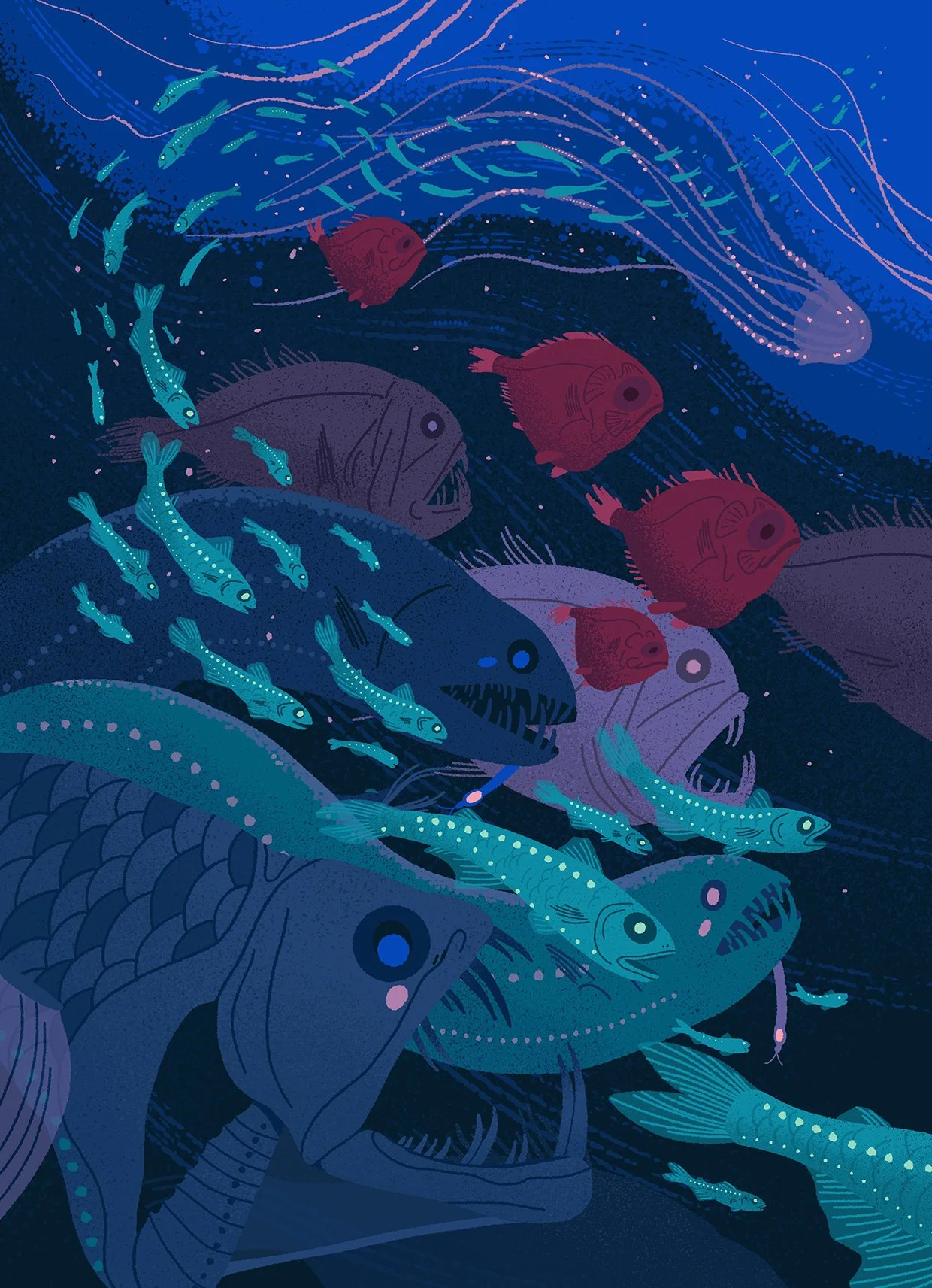 illustration of deep sea fish swimming in the sea