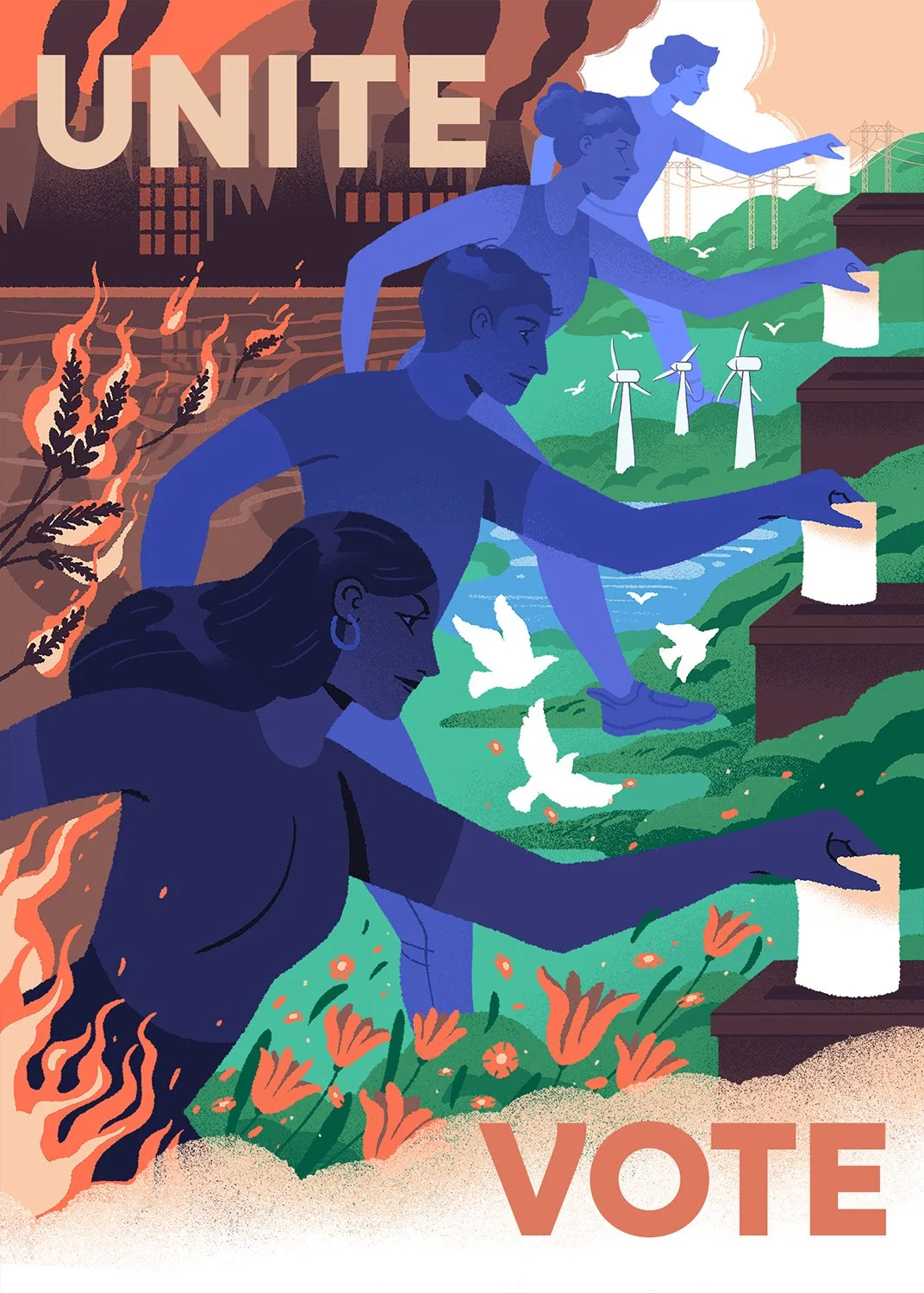 illustrated poster for elections, on one side there is a desolate city, on the other a lush greenery. connecting them are blue figures casting a vote in the ballot.