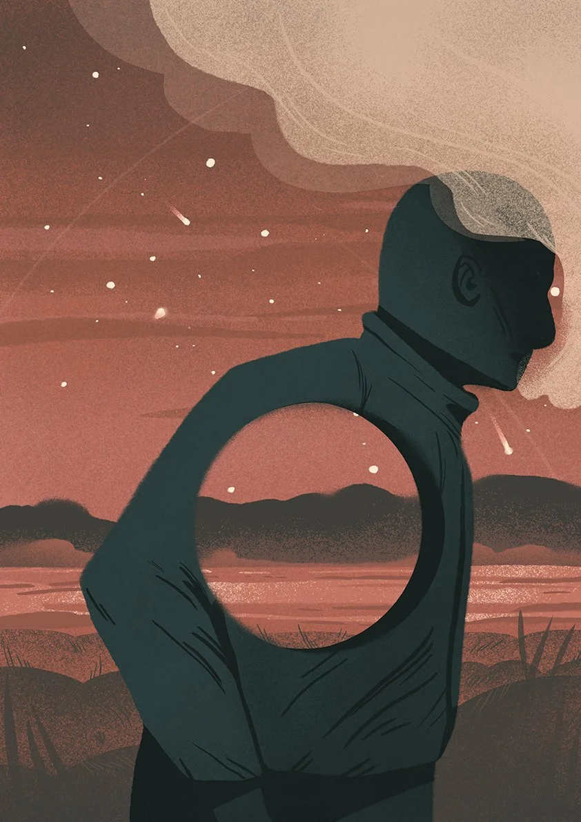 a man walking outside in the night with visible stars, he is smoking and has a hole in his chest