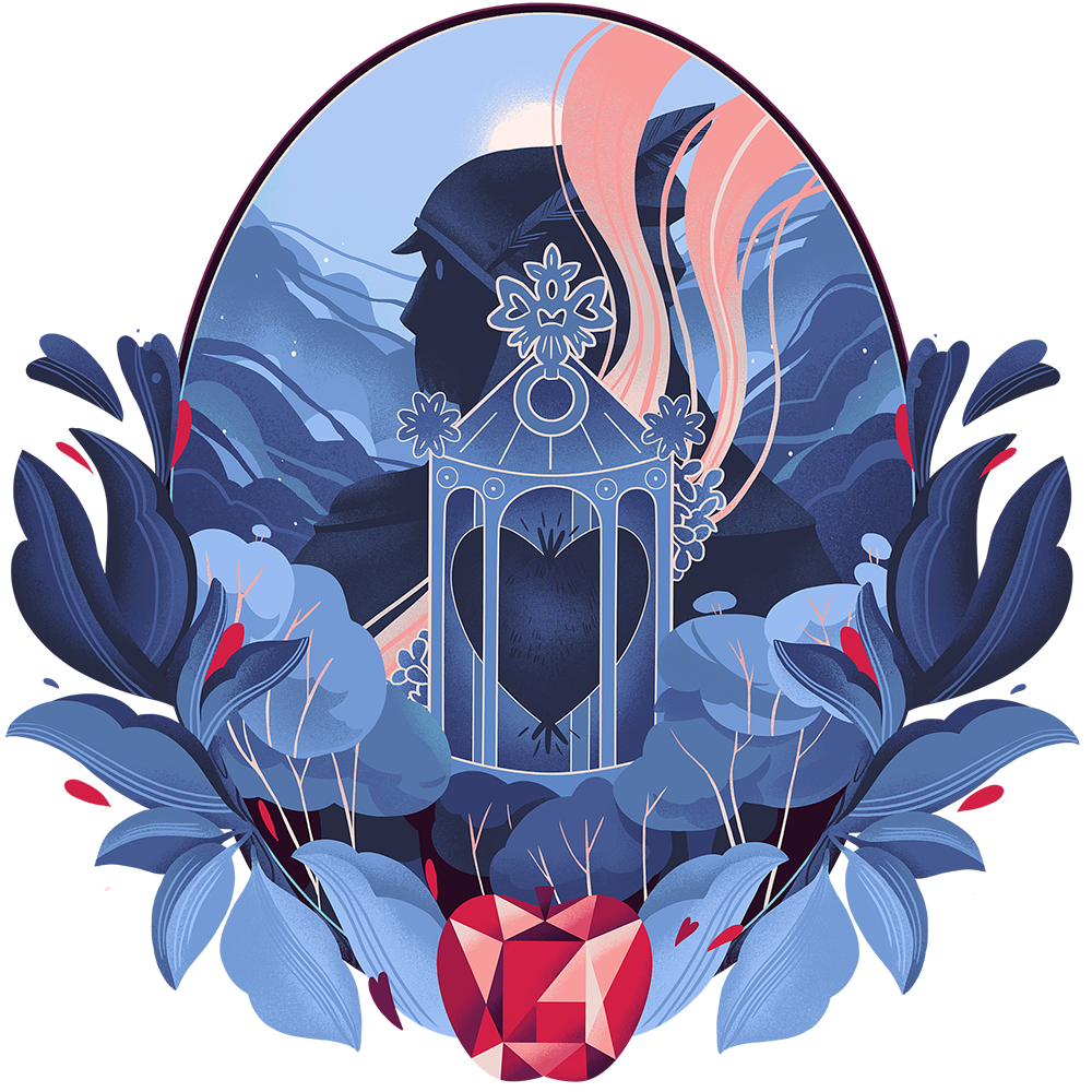 Ornate mirror featuring the Huntsman from Snow White, with a detailed box containing a heart in front of him. Surrounded by decorative leaves and gemstones.