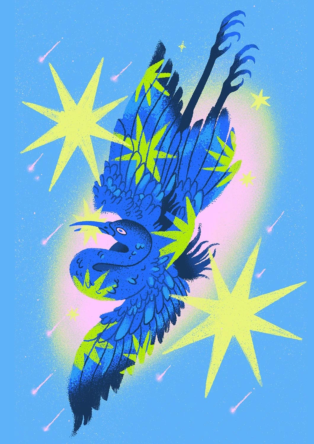 illustration of a crane in flight covered in stars