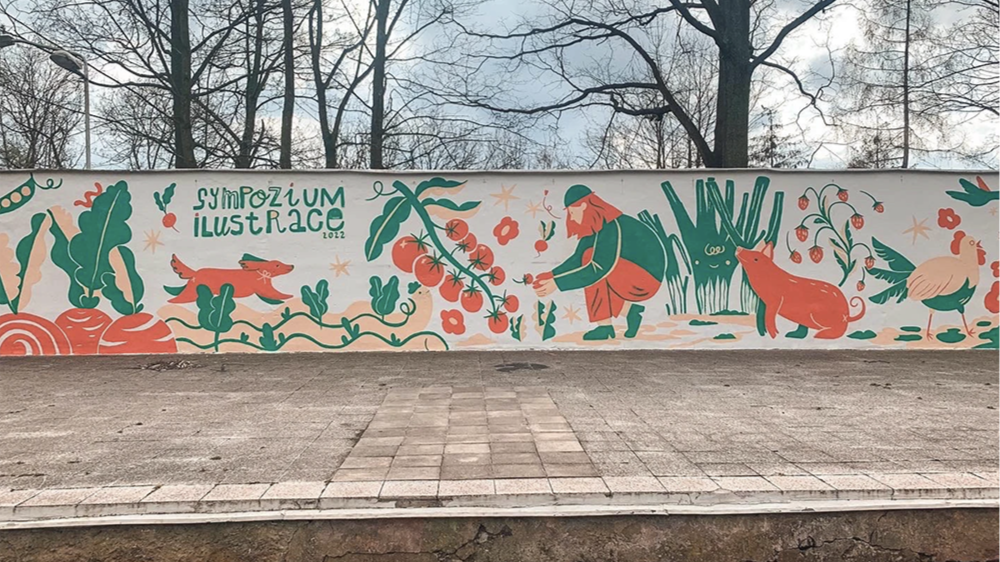 mural for sympozium ilustrace depicting various motives inspired by vegetables and animals in green and orange colors