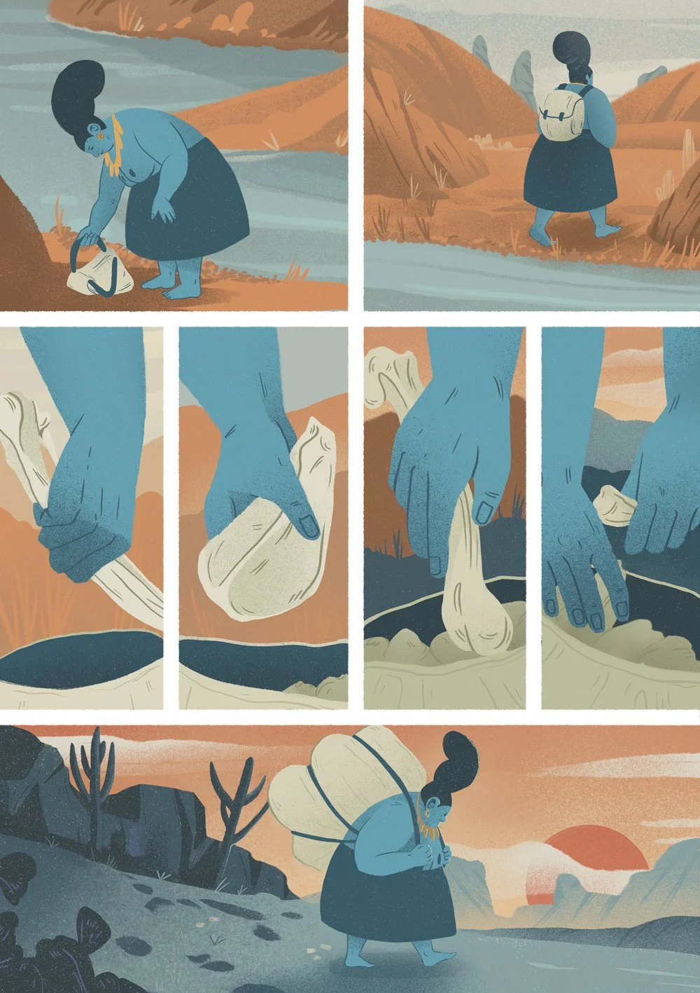 comic page of la loba featuring a woman collecting animal bones in a deserted landscape