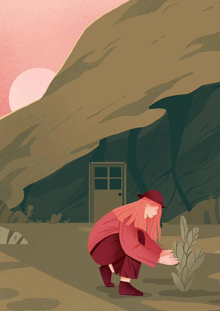 woman tending a flower in front of a cave