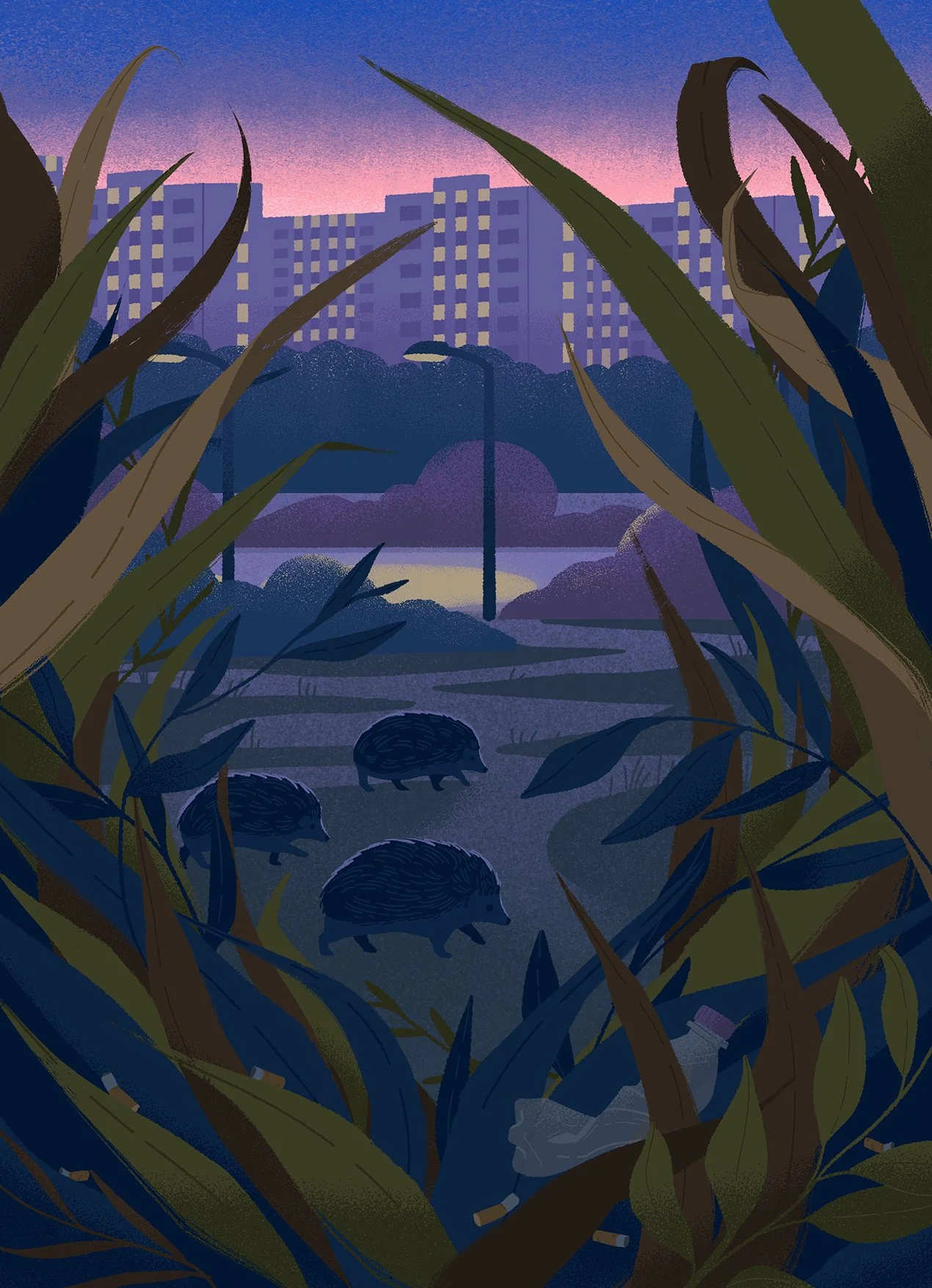 illustration of a dark city with grass and hedgehogs