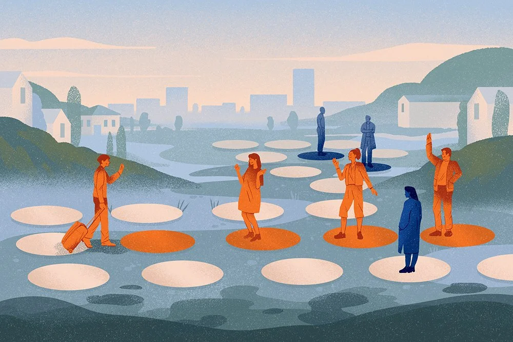 illustration of a person greeting his family on a game board