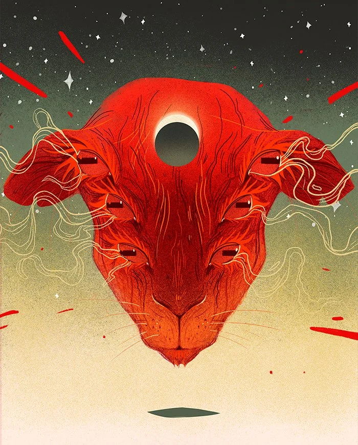 illustration of a sheep with many eyes floating in cosmos