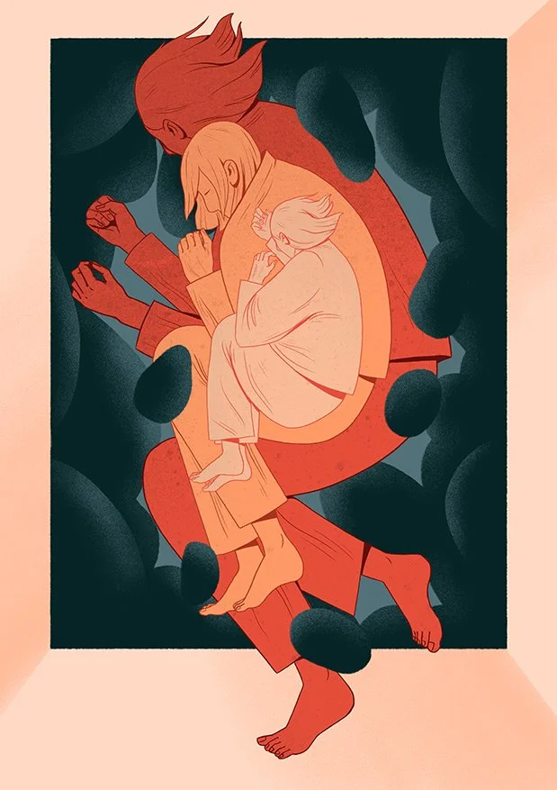 woman sleeping surrounded by dark orbs
